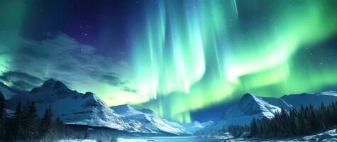 ai généré nord lumières, aurore borealis plus de neigeux montagnes, hiver paysage photo