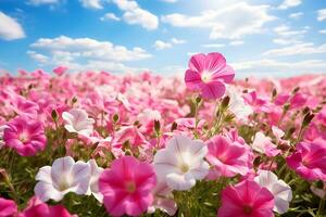 ai généré vaste champ de rose pétunias en dessous de bleu ciels photo