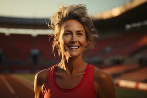 ai généré content mature femme fonctionnement dans le matin, exercice pour poids perte dans le stade. génératif ai. photo