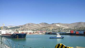 Port paysage. vue de le industriel port. le mer, Port grues et navires photo