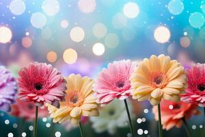 ai généré une jardin de coloré Gerberas avec magnifique pastel bokeh. photo