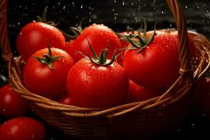 ai généré brillant rouge tomates avec l'eau gouttelettes dans le panier. photo