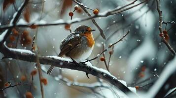 ai généré solitaire oiseau braver le hiver chute de neige photo