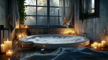 ai généré tranquille a la chandelle une baignoire avec apaisant ambiance photo
