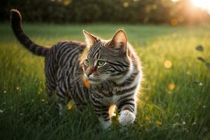 ai généré adorable, rayé espiègle chat en marchant dans le déposé photo