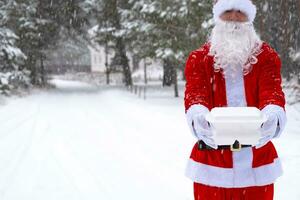 conteneurs de service de livraison de nourriture dans les mains du père noël en plein air dans la neige. promotion de la veille de noël. commande chaude prête à l'emploi, boîte en plastique jetable. restauration des vacances du nouvel an. espace de copie, maquette photo