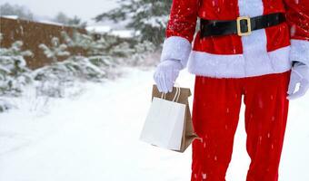 Père Noël claus Extérieur dans hiver et neige remise dans main éco papier Sacs avec artisanat cadeau, nourriture livraison. achats, emballage recyclage, Fait main, livraison pour Noël et Nouveau année photo