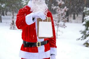 Père Noël claus Extérieur dans hiver et neige remise dans main éco papier Sacs avec artisanat cadeau, nourriture livraison. achats, emballage recyclage, Fait main, livraison pour Noël et Nouveau année photo