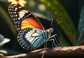 ai généré une papillon est séance sur une plante avec feuilles photo