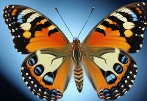 ai généré une papillon avec bleu et Orange ailes est sur une vert feuille photo