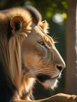 ai généré une Lion est séance dans le ombre de une arbre photo