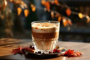 ai généré tasse de cappuccino café avec l'automne feuilles sur en bois table photo