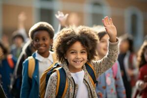 ai généré élémentaire école élèves agitant Bonjour photo