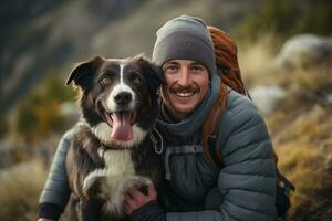 ai généré une image de une homme randonnée et le sien préféré chien. photo