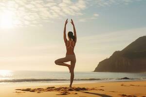 ai généré photo Jeune femme yoga sur le plage.