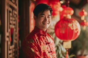 ai généré image de un asiatique homme portant rouge à le chinois Nouveau année festival. photo