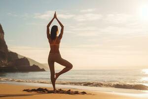 ai généré photo Jeune femme yoga sur le plage.