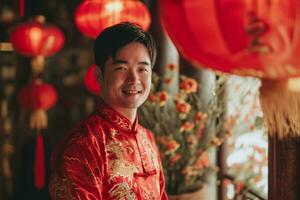 ai généré image de un asiatique homme portant rouge à le chinois Nouveau année festival. photo