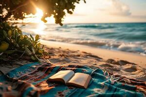 ai généré une livre sur une plage avec le océan dans le Contexte photo