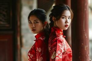 ai généré image de une Jeune asiatique femme portant une rouge robe à le chinois Nouveau année Festival photo