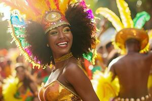 ai généré photo de une femme dansant à une carnaval.