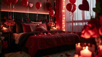 ai généré élégant romantique rouge chambre décor avec des ballons et des roses photo