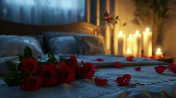 ai généré romantique Rose pétale Piste dans une crépuscule chambre photo