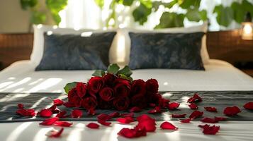 ai généré Matin sérénité avec rouge des roses sur parfait blanc photo