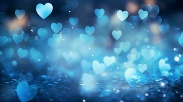 ai généré magnifique Contexte avec bleu cœurs, lumières, scintille et bokeh. la Saint-Valentin journée carte. bleu cœur en forme de bokeh valentines Contexte photo