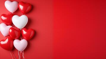 ai généré la Saint-Valentin journée rouge et blanc en forme de coeur des ballons, rouge arrière-plan, bannière avec espace de copie, l'amour Contexte concept, Vide espace, plat allonger avec espace pour texte photo