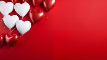 ai généré la Saint-Valentin journée rouge et blanc en forme de coeur des ballons, rouge arrière-plan, bannière avec espace de copie, l'amour Contexte concept, Vide espace, plat allonger avec espace pour texte photo