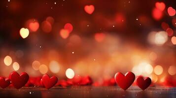 ai généré magnifique Contexte avec rouge cœurs, lumières, scintille et bokeh. la Saint-Valentin journée carte. cœur en forme de bokeh valentines Contexte photo
