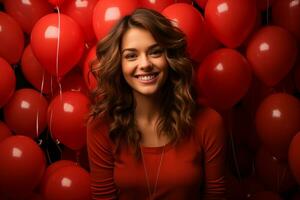 ai généré magnifique Jeune femme avec rouge des ballons. femme fête fête avec rouge des ballons, studio photo