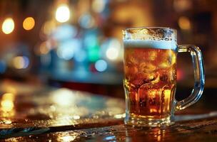 ai généré tasse de Bière permanent sur le table prêt à être consommé avant le sport Jeu photo