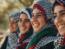 ai généré souriant originaire de indigène gens de Palestine habillé dans coloré keffieh photo