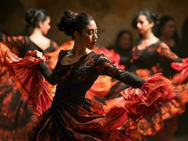 ai généré passionné Espagnol gitan nationale culture Danse flamenco exécuté par une femelle Danseur photo