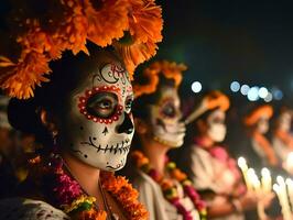 ai généré mexicain vacances journée de le mort, aztèque fête lorsque des familles honneur leur les ancêtres photo