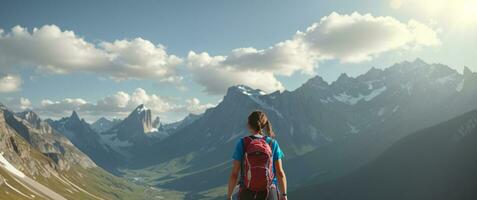 ai généré sportif en forme Jeune diverse femme athlète fonctionnement sur une Montagne randonnée avec Soleil dans le Contexte photo