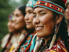 ai généré souriant originaire de indigène gens de Canada habillé dans coloré originaire de vêtements photo