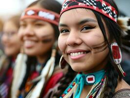 ai généré souriant originaire de indigène gens de Canada habillé dans coloré originaire de vêtements photo