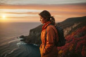 ai généré sportif en forme Jeune diverse femme athlète fonctionnement sur une Montagne randonnée avec Soleil dans le Contexte photo