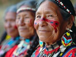 ai généré souriant originaire de indigène gens de Tibet habillé dans coloré originaire de vêtements photo