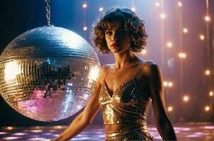 ai généré sexy disco femelle Danseur et une charme disco Balle photo