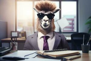 ai généré marrant homme d'affaire avec une lama coiffure et des lunettes de soleil dans le sien Bureau photo