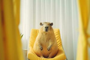 ai généré mignonne capybara séance sur Jaune fauteuil dans chambre, fermer photo