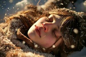 ai généré Jeune fille avec fermé yeux mensonges dans le neige, sa visage pacifique. flocons de neige décorer sa cheveux et hiver manteau. sa des joues sont rosé de le froid. photo