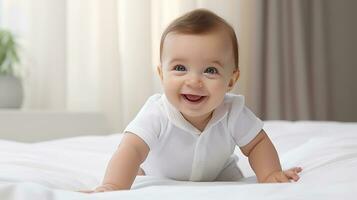 ai généré joyeux bébé sur une doux blanc lit atteint en dehors avec une minuscule main, souriant ludique contre une soigné, lumière toile de fond, capturer une moment de innocent curiosité. photo