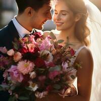 ai généré une la mariée et jeune marié étroitement tenir une magnifique bouquet, rempli avec doux rose et rouge fleurs, contre une rêveur, ensoleillé toile de fond. photo