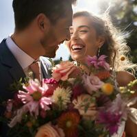 ai généré une la mariée et jeune marié étroitement tenir une magnifique bouquet, rempli avec doux rose et rouge fleurs, contre une rêveur, ensoleillé toile de fond. photo