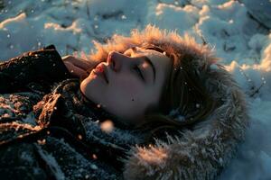 ai généré Jeune fille avec fermé yeux mensonges dans le neige, sa visage pacifique. flocons de neige décorer sa cheveux et hiver manteau. sa des joues sont rosé de le froid. photo